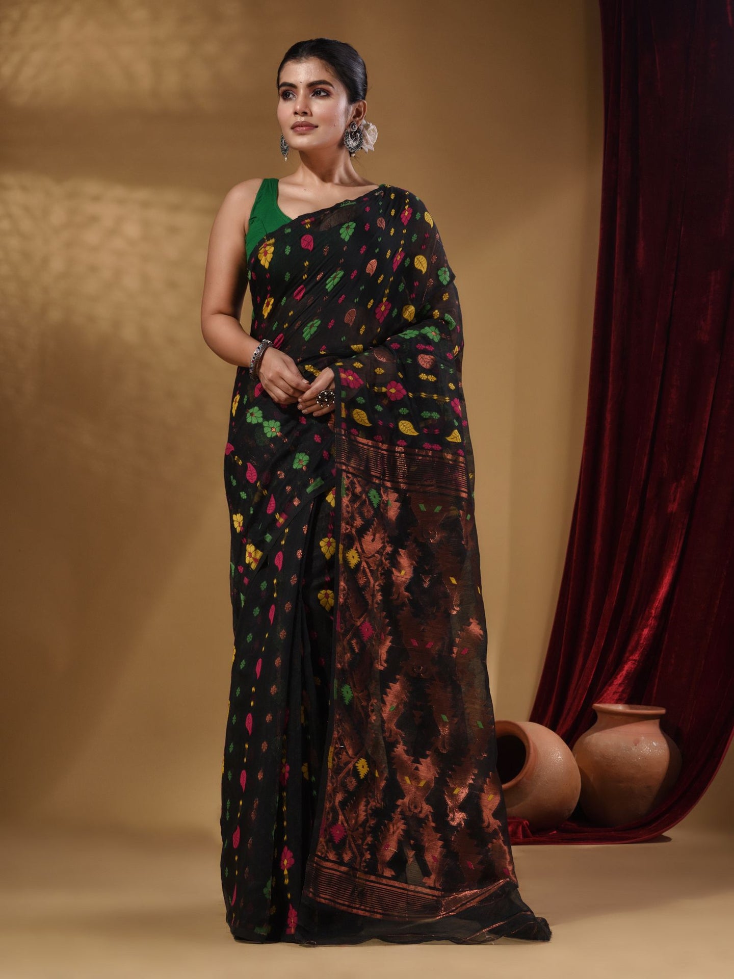 Black Cotton Handwoven Jamdani Saree With Multicolor Woven Designs And Motifs