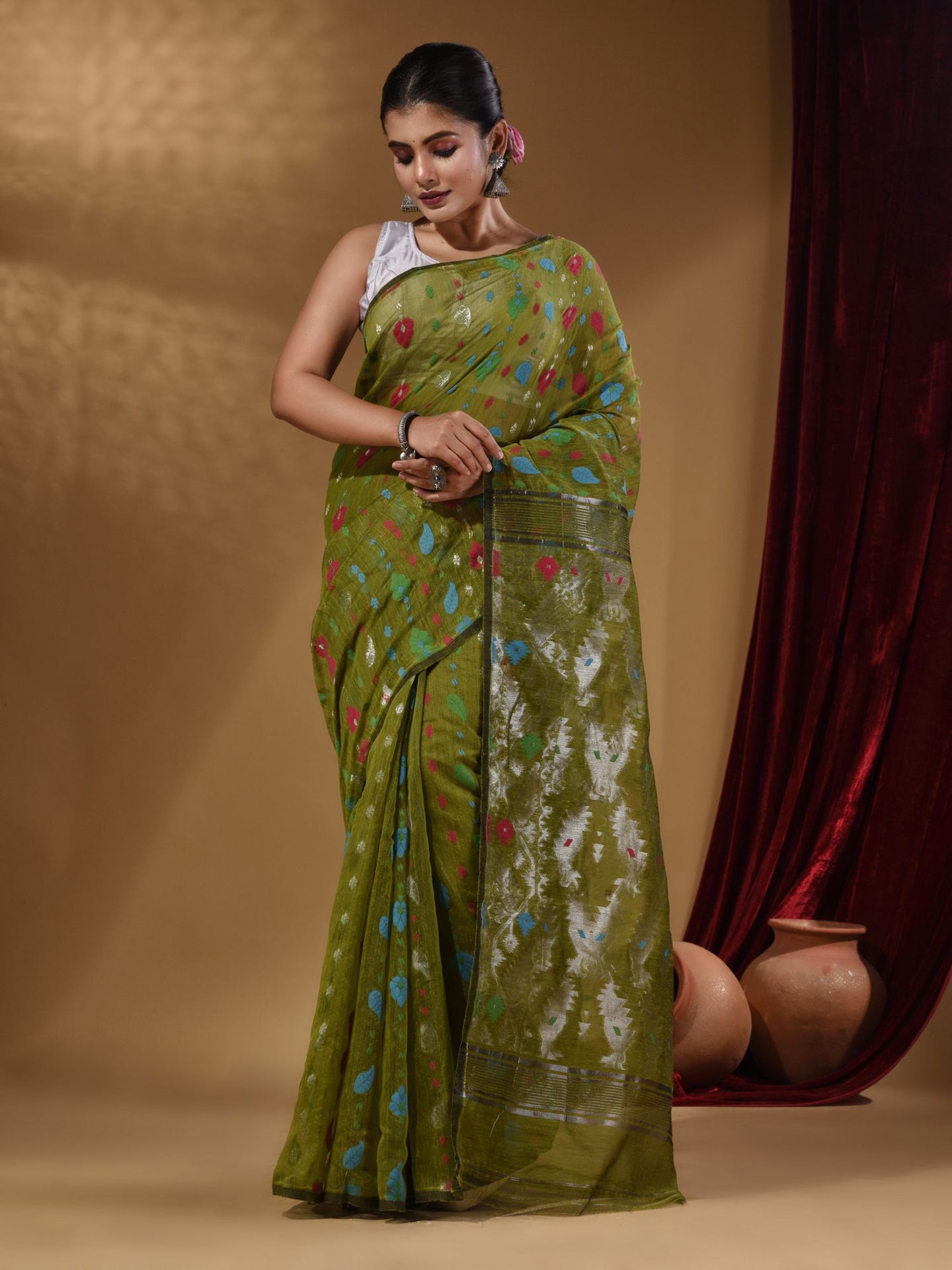 Sap Green Cotton Handwoven Jamdani Saree With Multicolor Woven Designs And Motifs