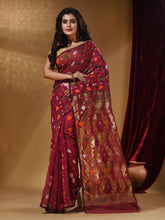 Load image into Gallery viewer, Fuchsia Cotton Handwoven Jamdani Saree With Multicolor Woven Designs And Motifs
