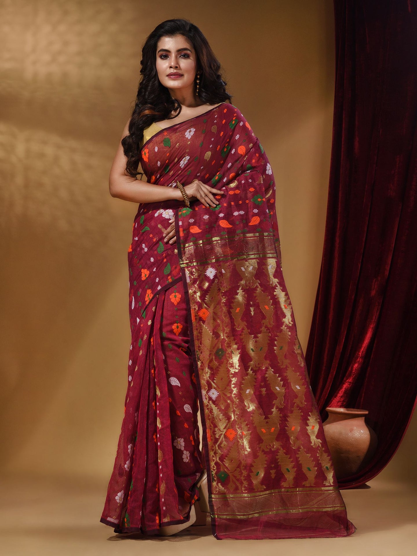 Fuchsia Cotton Handwoven Jamdani Saree With Multicolor Woven Designs And Motifs