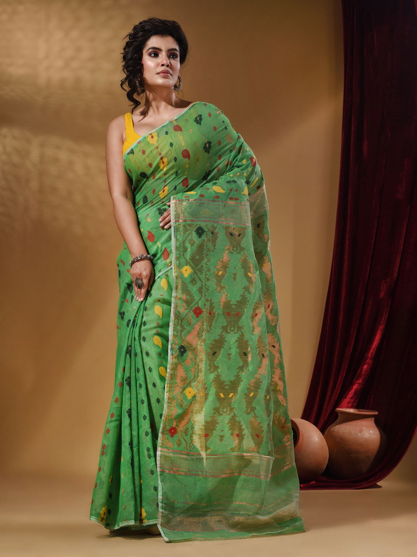 Fern Green Cotton Handwoven Jamdani Saree With Multicolor Woven Designs And Motifs