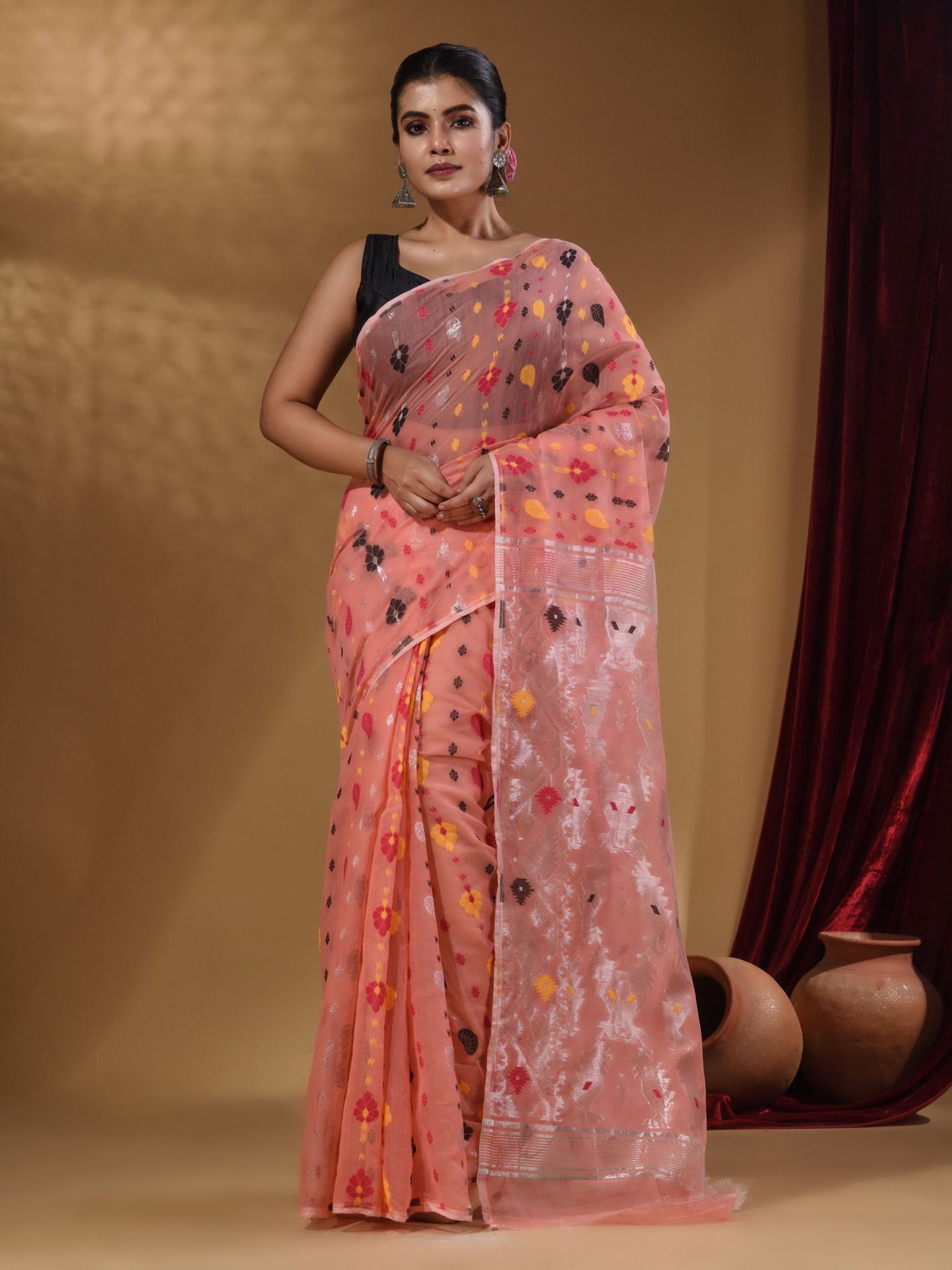 Watermelon Pink Cotton Handwoven Jamdani Saree With Multicolor Woven Designs And Motifs