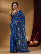 Load image into Gallery viewer, Sapphire Blue Cotton Handwoven Jamdani Saree With Multicolor Woven Designs And Motifs
