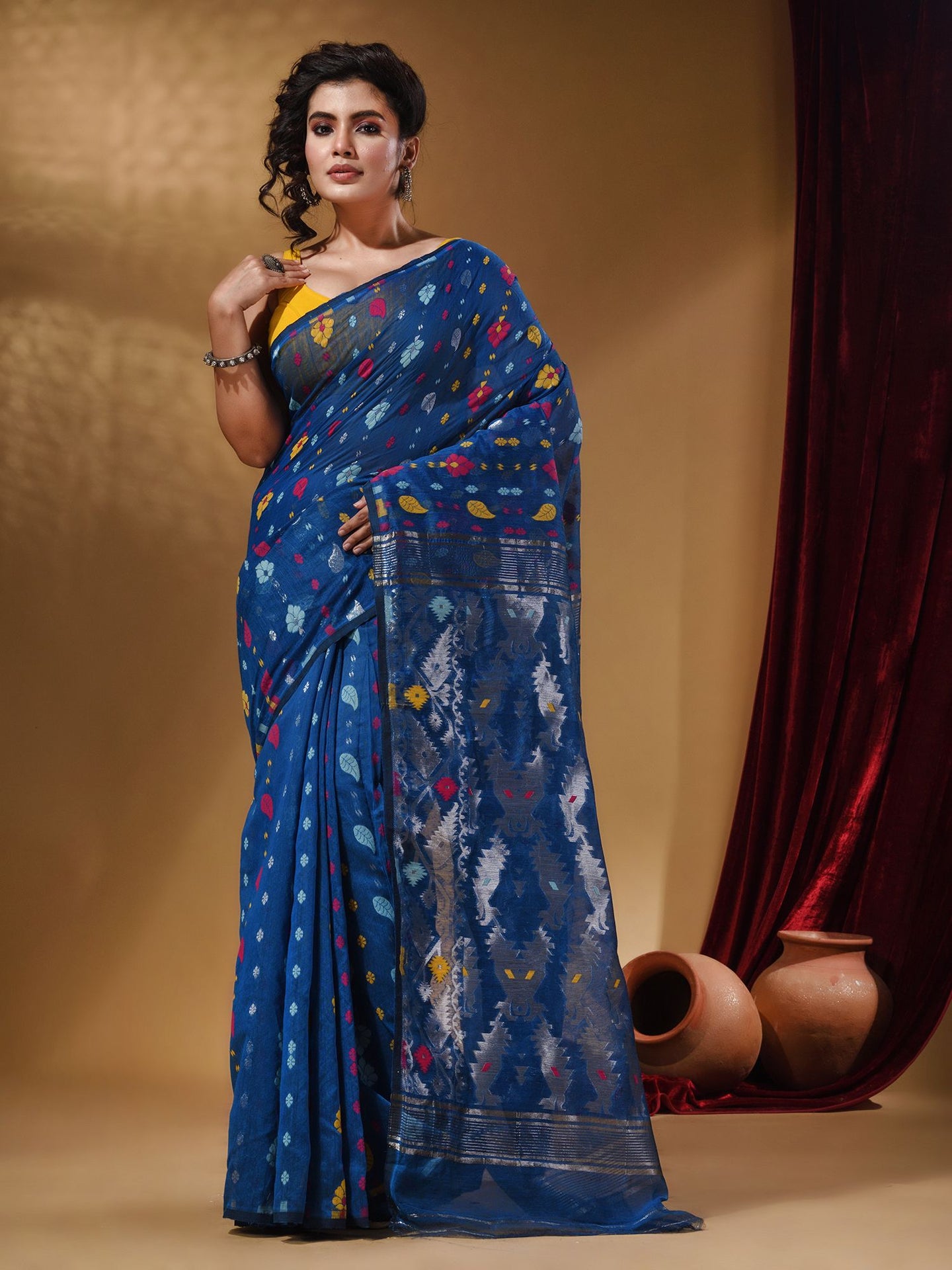 Sapphire Blue Cotton Handwoven Jamdani Saree With Multicolor Woven Designs And Motifs