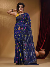 Load image into Gallery viewer, Sapphire Blue Cotton Handwoven Jamdani Saree With Multicolor Woven Designs And Motifs
