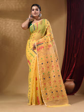 Load image into Gallery viewer, Yellow Cotton Handwoven Jamdani Saree With Multicolor Floral Designs And Motifs
