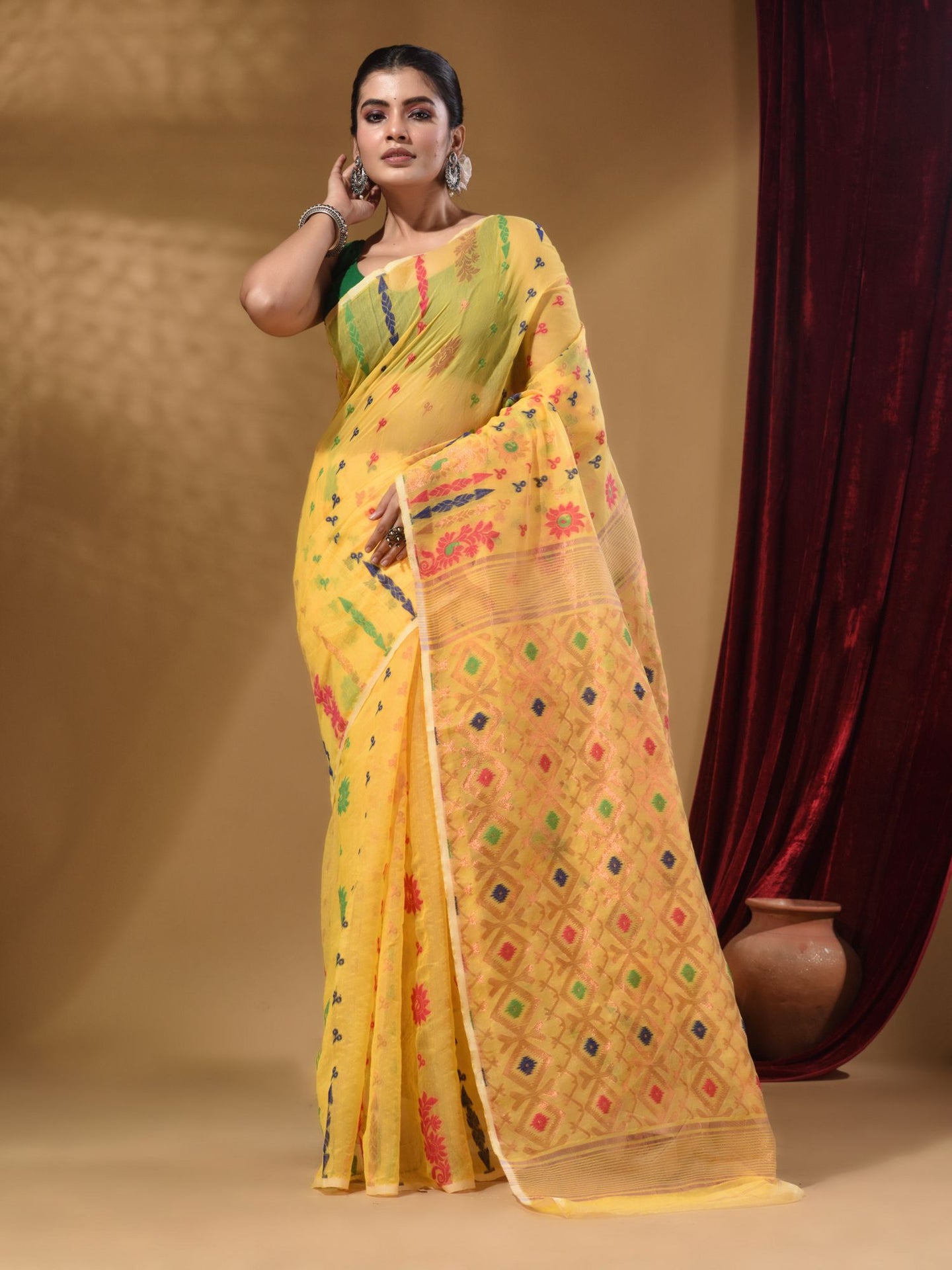 Yellow Cotton Handwoven Jamdani Saree With Multicolor Floral Designs And Motifs