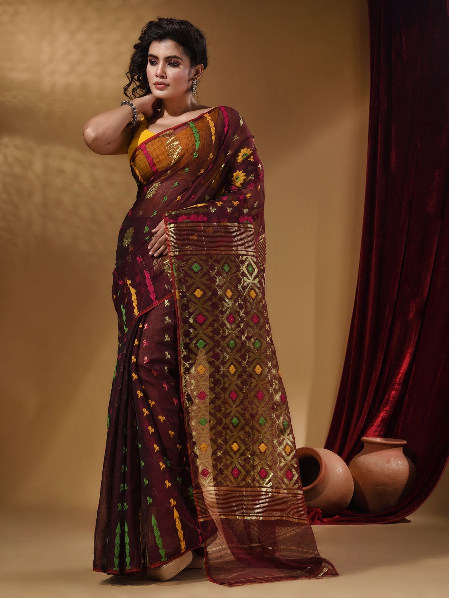 Maroon Cotton Handwoven Jamdani Saree With Multicolor Floral Designs And Motifs
