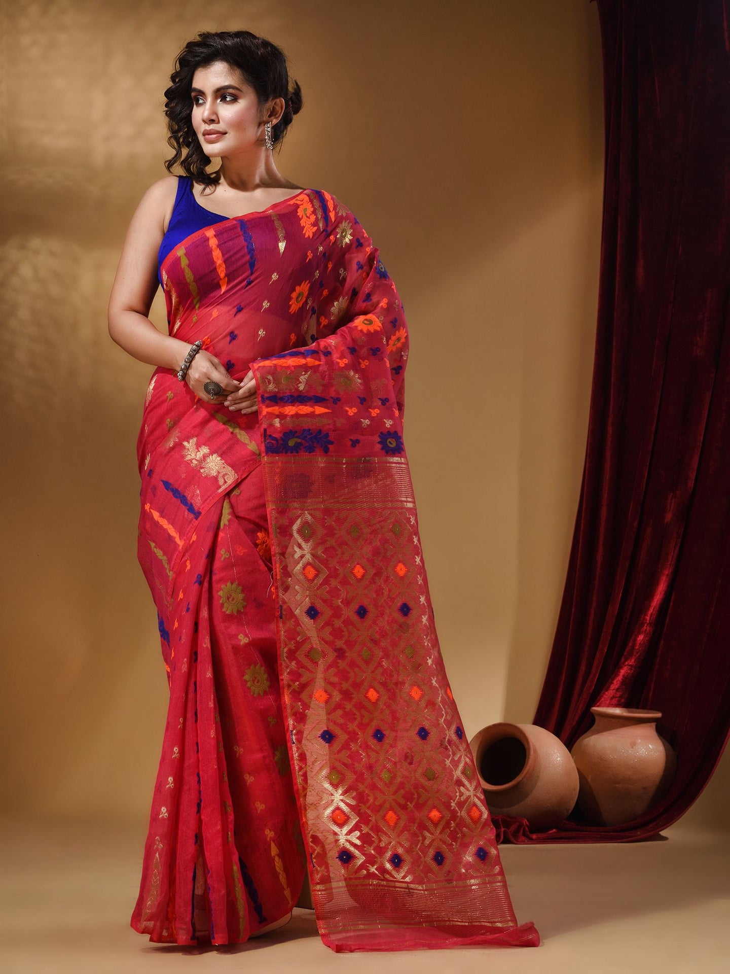 Pink Cotton Handwoven Jamdani Saree With Multicolor Floral Designs And Motifs