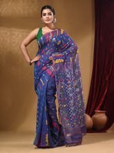 Load image into Gallery viewer, Azure Blue Cotton Handwoven Jamdani Saree With Multicolor Floral Designs And Motifs
