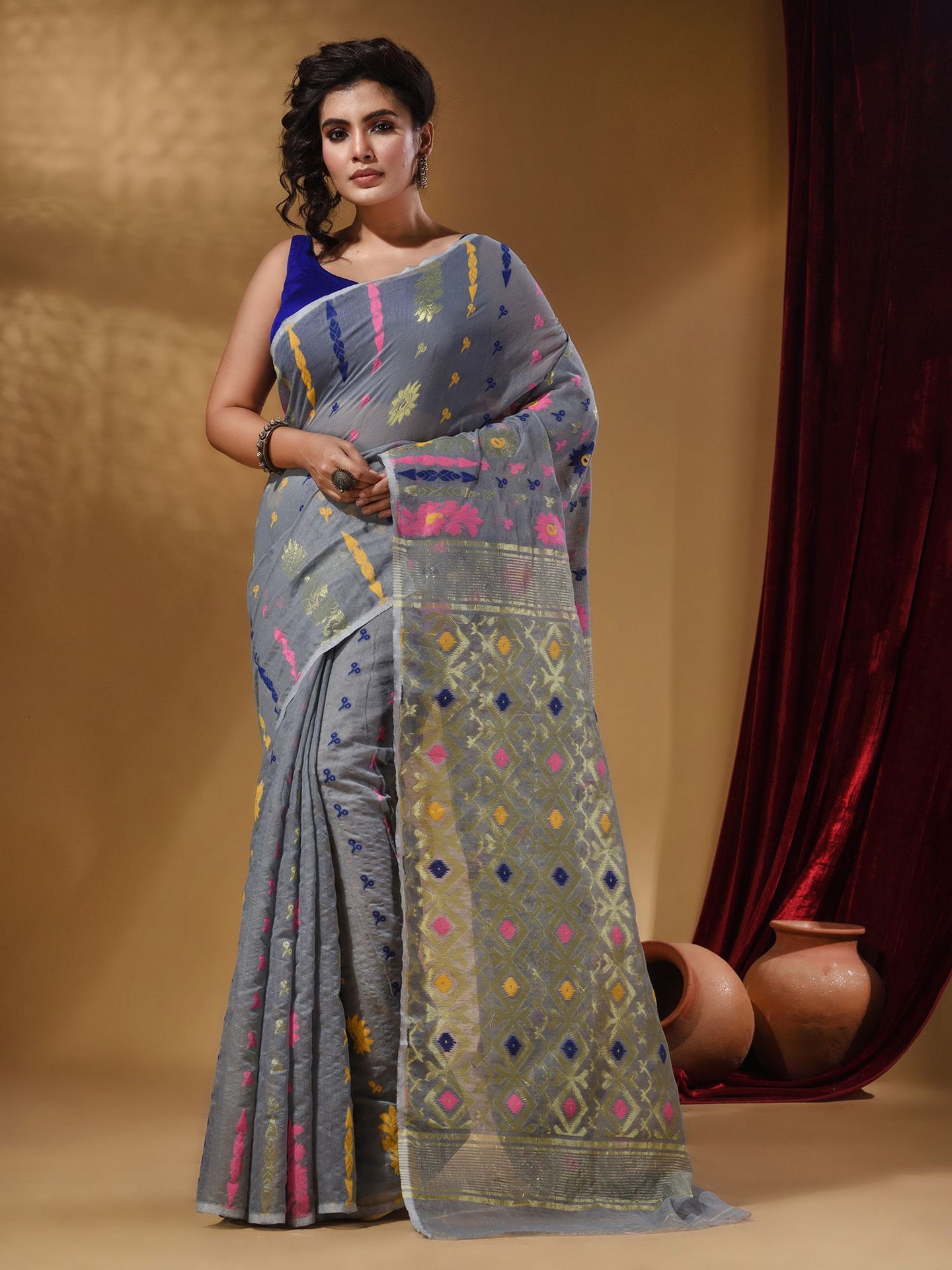 Light Grey Cotton Handwoven Jamdani Saree With Multicolor Floral Designs And Motifs