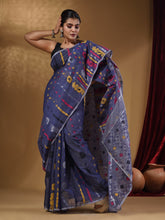 Load image into Gallery viewer, Aegean Blue Cotton Handwoven Jamdani Saree With Multicolor Floral Designs And Motifs
