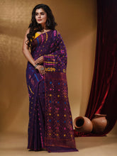 Load image into Gallery viewer, Deep Violet Cotton Handwoven Jamdani Saree With Multicolor Floral Designs And Motifs
