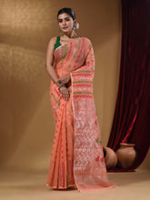 Load image into Gallery viewer, Peach Cotton Handwoven Jamdani Saree With Chevron Designs
