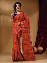 Load image into Gallery viewer, Orange Cotton Handwoven Jamdani Saree With Chevron Designs
