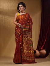 Load image into Gallery viewer, Brick Red Cotton Handwoven Jamdani Saree With Chevron Designs

