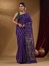 Load image into Gallery viewer, Violet Cotton Handwoven Jamdani Saree With Chevron Designs
