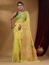 Load image into Gallery viewer, Lemon Yellow Cotton Handwoven Jamdani Saree With Chevron Designs
