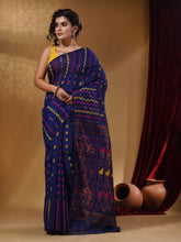Load image into Gallery viewer, Midnight Blue Cotton Handwoven Jamdani Saree With Chevron Designs

