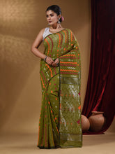 Load image into Gallery viewer, Crocodile Green Cotton Handwoven Jamdani Saree With Chevron Designs
