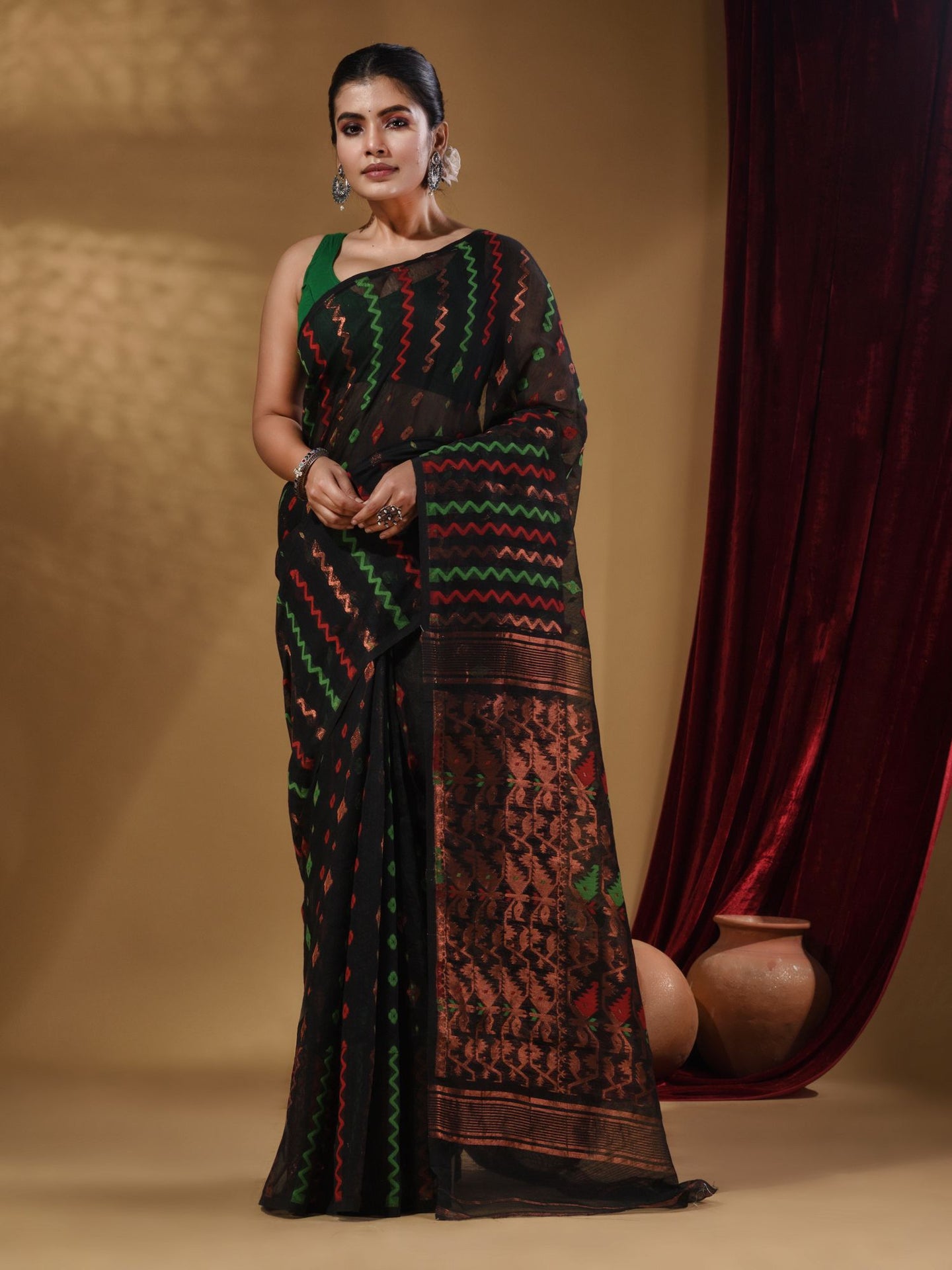 Black Cotton Handwoven Jamdani Saree With Chevron Designs