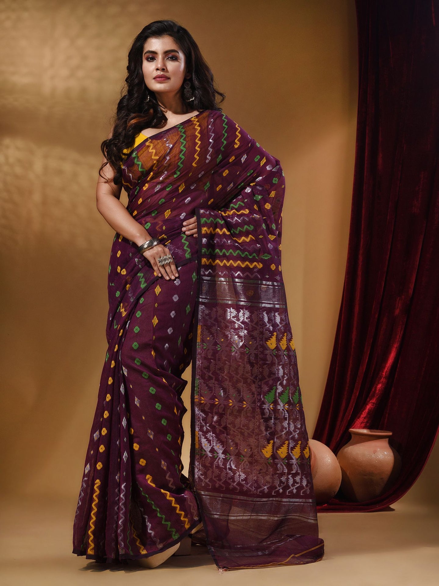 Purple Cotton Handwoven Jamdani Saree With Chevron Designs