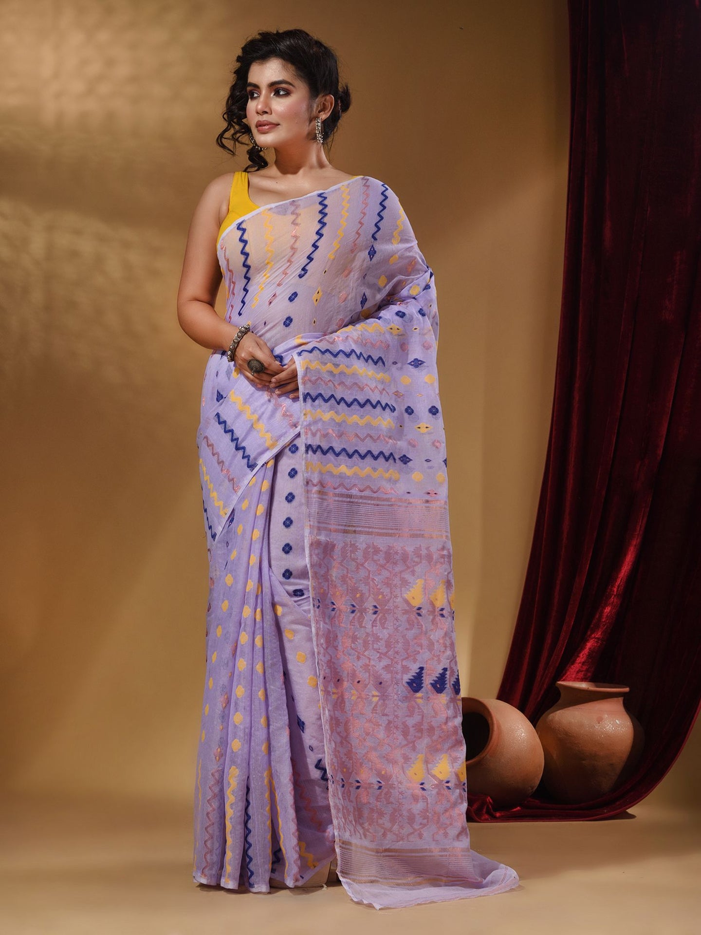 Lilac Cotton Handwoven Jamdani Saree With Chevron Designs