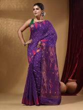 Load image into Gallery viewer, Purple Cotton Handwoven Jamdani Saree With Small Box Buttas And Zari Pallu
