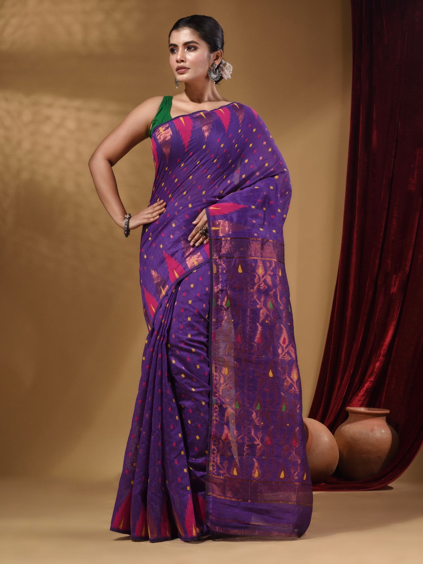 Purple Cotton Handwoven Jamdani Saree With Small Box Buttas And Zari Pallu
