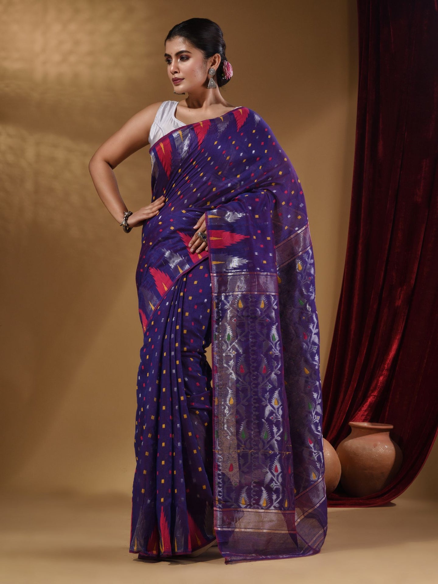 Violet Cotton Handwoven Jamdani Saree With Small Box Buttas And Zari Pallu