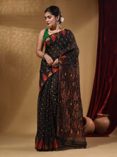 Load image into Gallery viewer, Black Cotton Handwoven Jamdani Saree With Small Box Buttas And Zari Pallu
