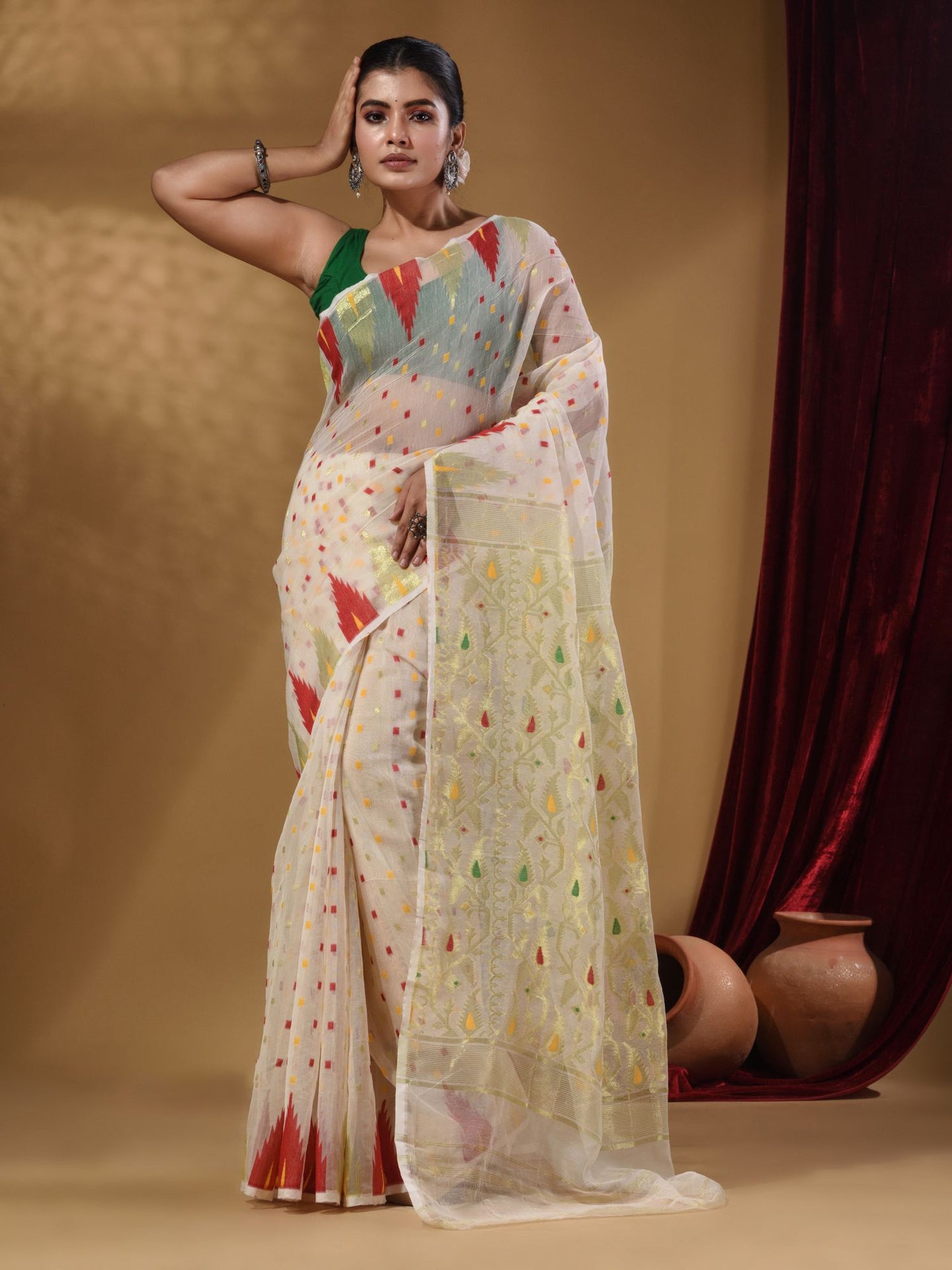 White Cotton Handwoven Jamdani Saree With Small Box Buttas And Zari Pallu