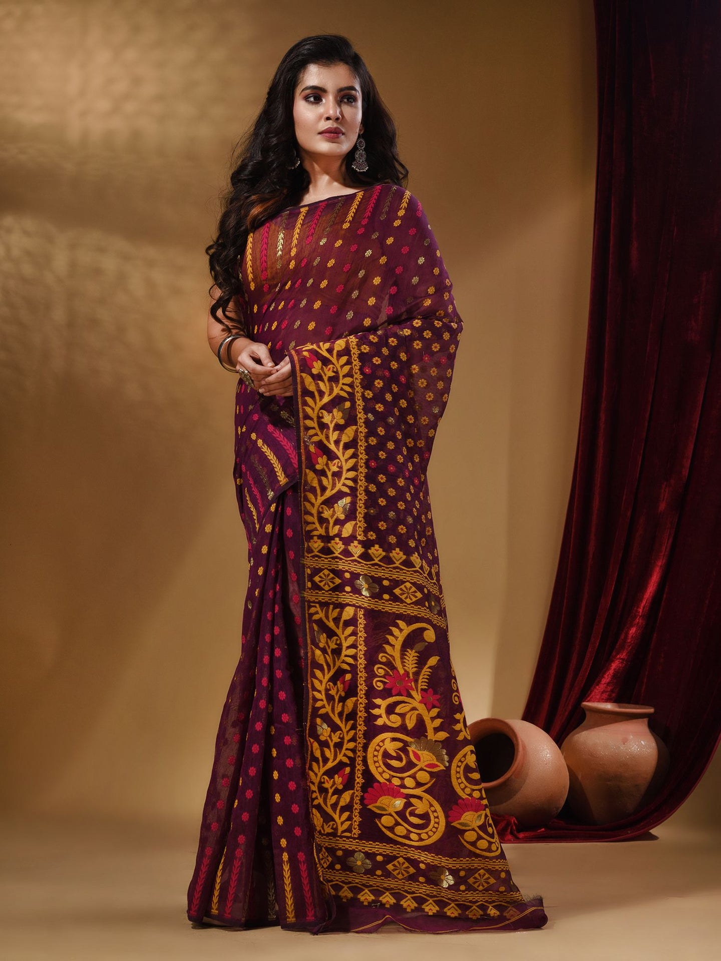 Purple Cotton Handwoven Jamdani Saree With Small Buttas And Nakshi Designs