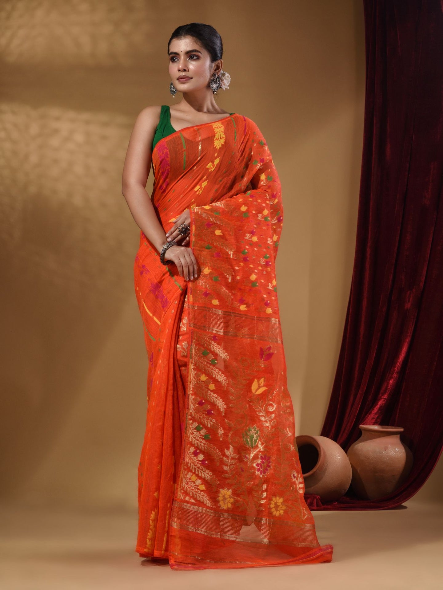 Orange Cotton Handwoven Jamdani Saree With Multicolor Floral Designs And Motifs