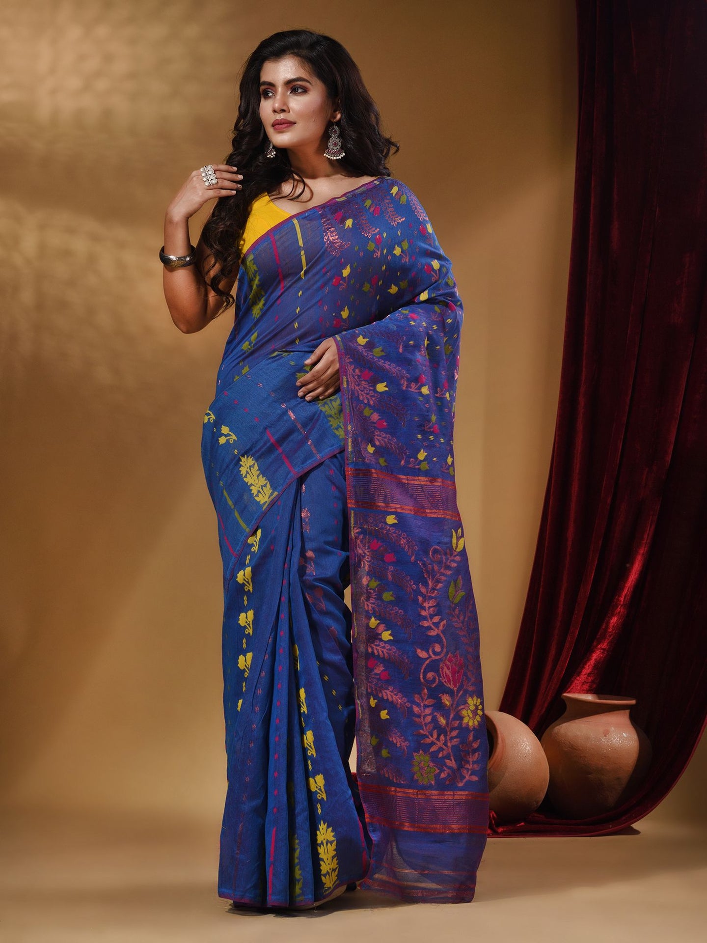 Sapphire Blue Cotton Handwoven Jamdani Saree With Multicolor Floral Designs And Motifs