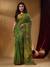 Load image into Gallery viewer, Sap Green Cotton Handwoven Jamdani Saree With Small Buttas And Nakshi Designs
