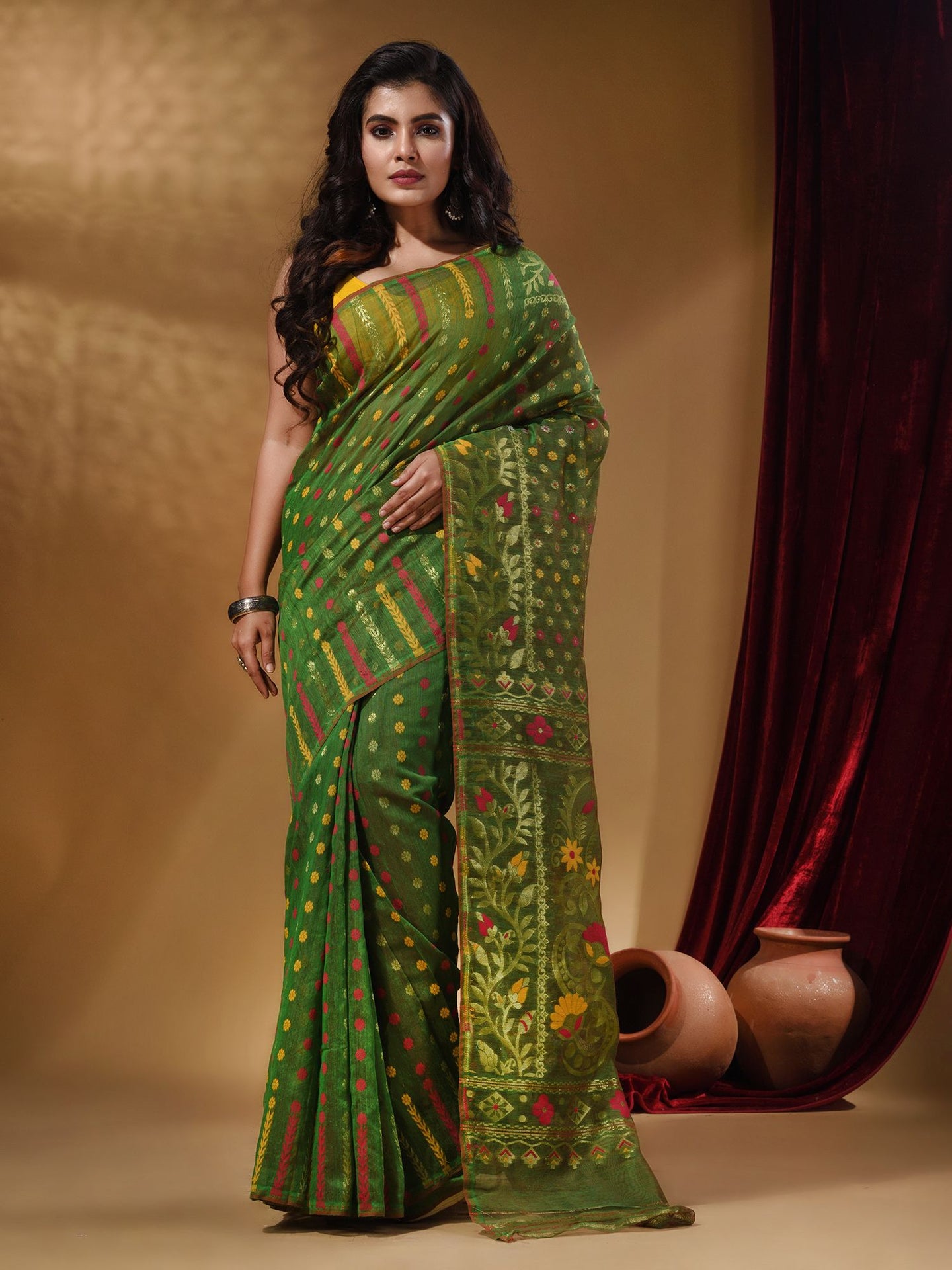 Sap Green Cotton Handwoven Jamdani Saree With Small Buttas And Nakshi Designs