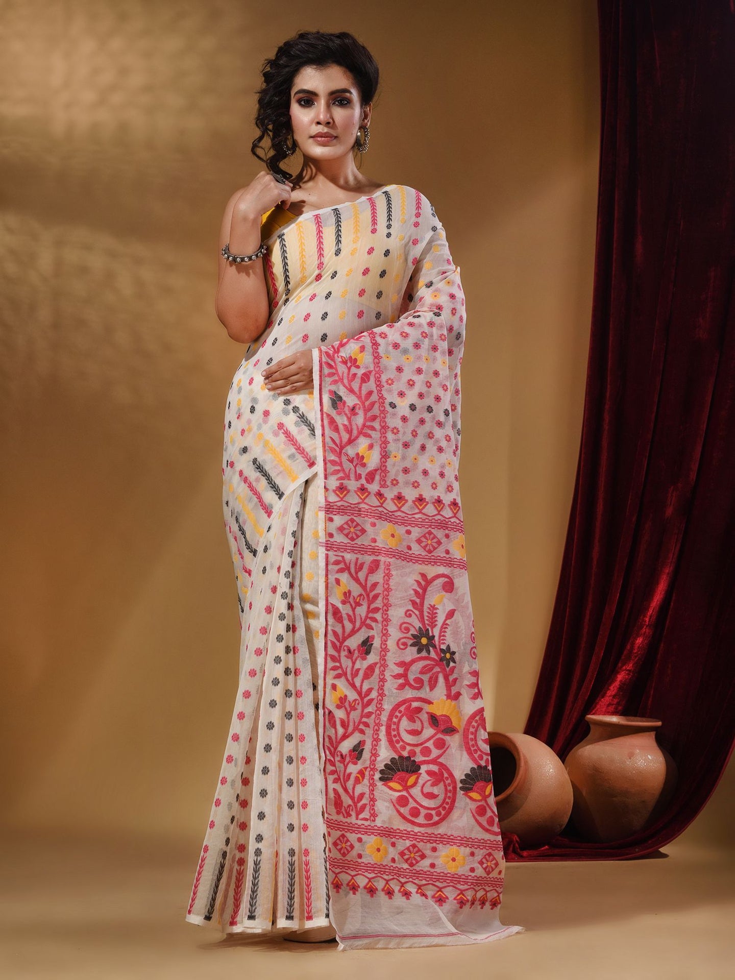 White Cotton Handwoven Jamdani Saree With Small Buttas And Nakshi Designs