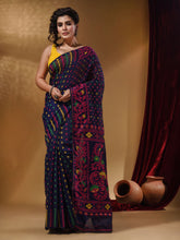 Load image into Gallery viewer, Navy Blue Cotton Handwoven Jamdani Saree With Small Buttas And Nakshi Designs
