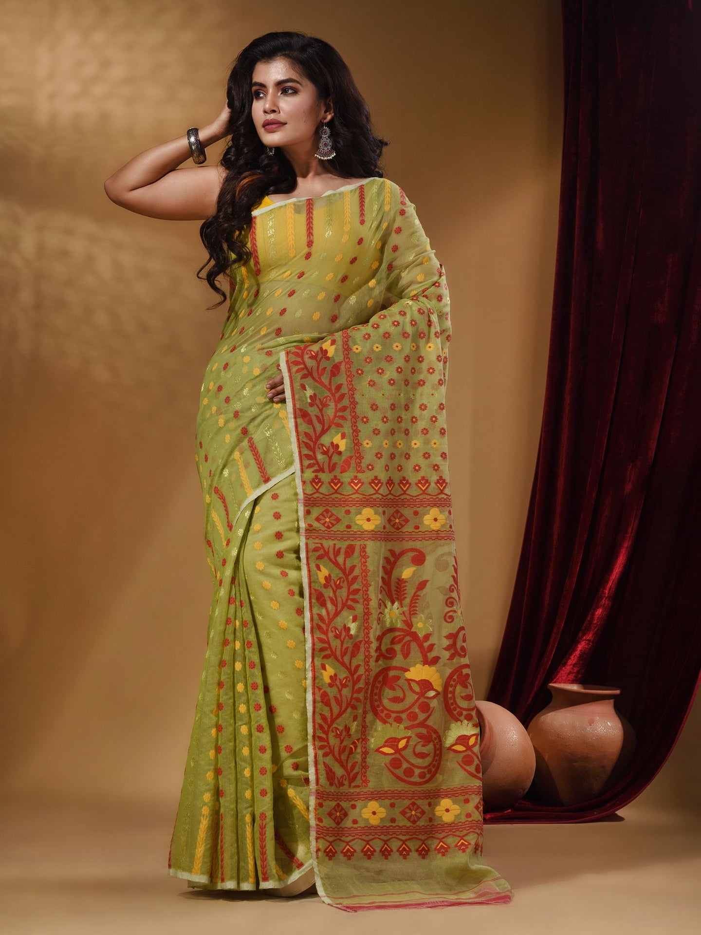 Tea Green Cotton Handwoven Jamdani Saree With Small Buttas And Nakshi Designs