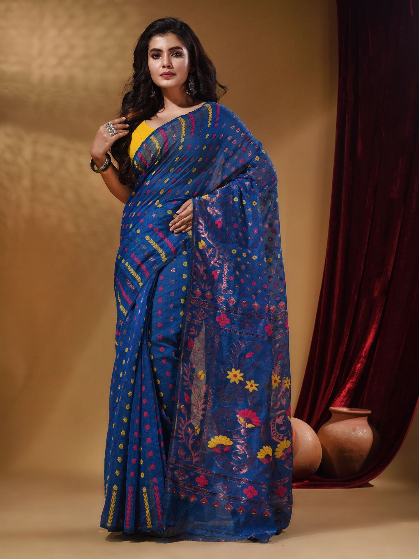 Azure Blue Cotton Handwoven Jamdani Saree With Small Buttas And Nakshi Designs