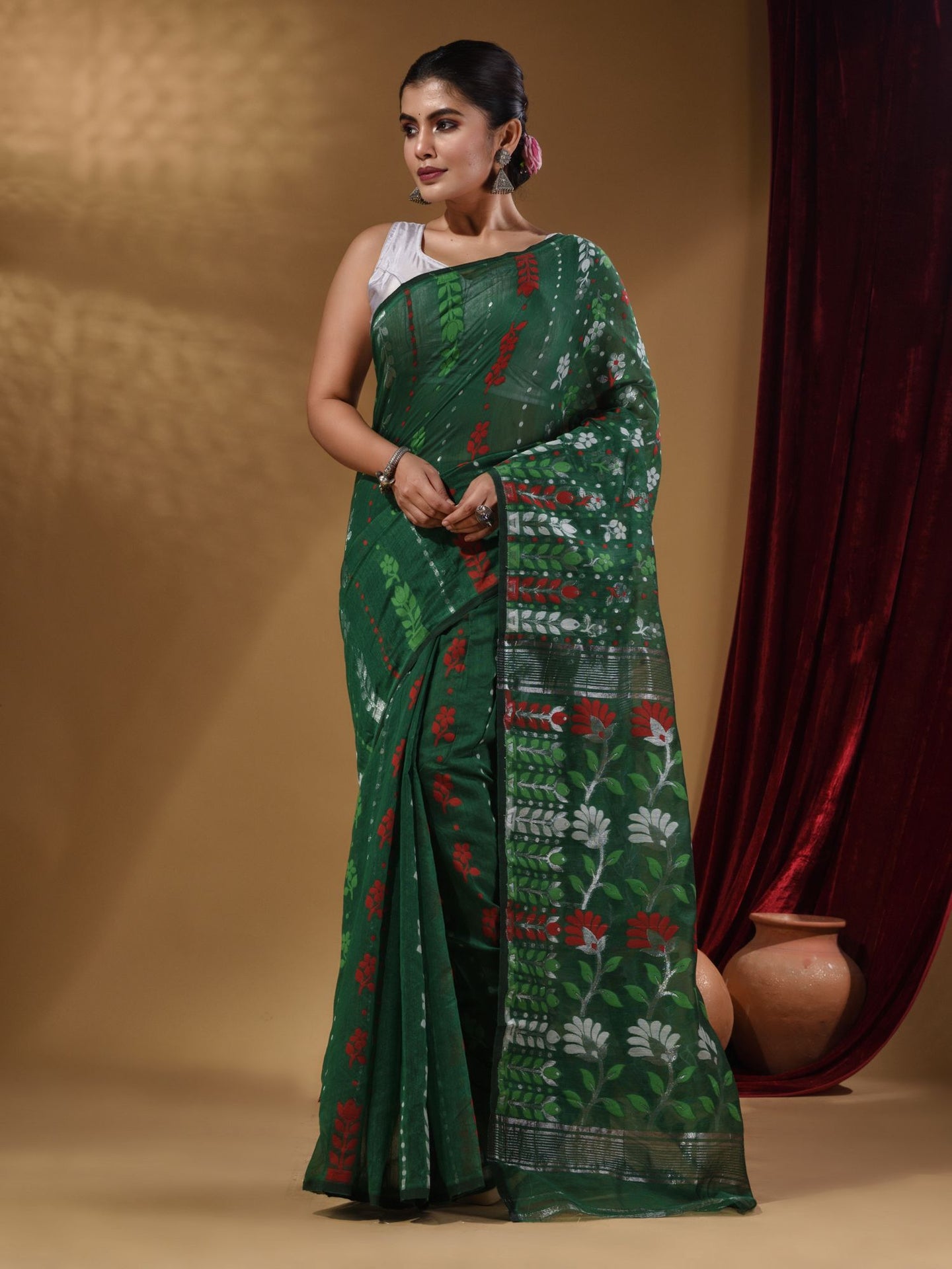 Pine Green Cotton Handwoven Jamdani Saree With Floral Designs And Motifs