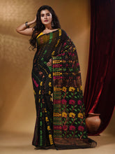 Load image into Gallery viewer, Black Cotton Handwoven Jamdani Saree With Floral Designs And Motifs

