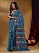 Load image into Gallery viewer, Lapis Blue Cotton Handwoven Jamdani Saree With Floral Designs And Motifs
