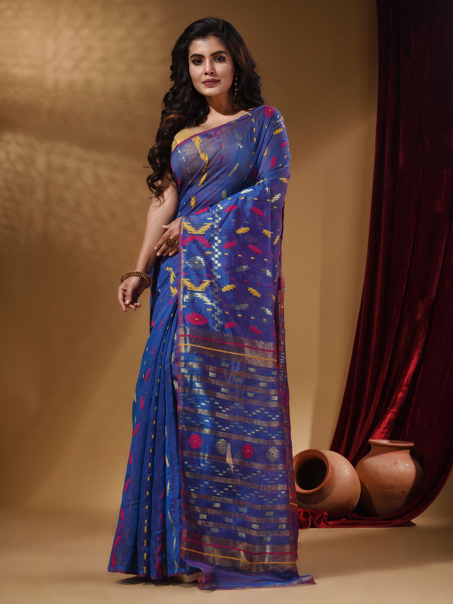 Sapphire Blue Cotton Handwoven Jamdani Saree With Multicolor Designs And Motifs