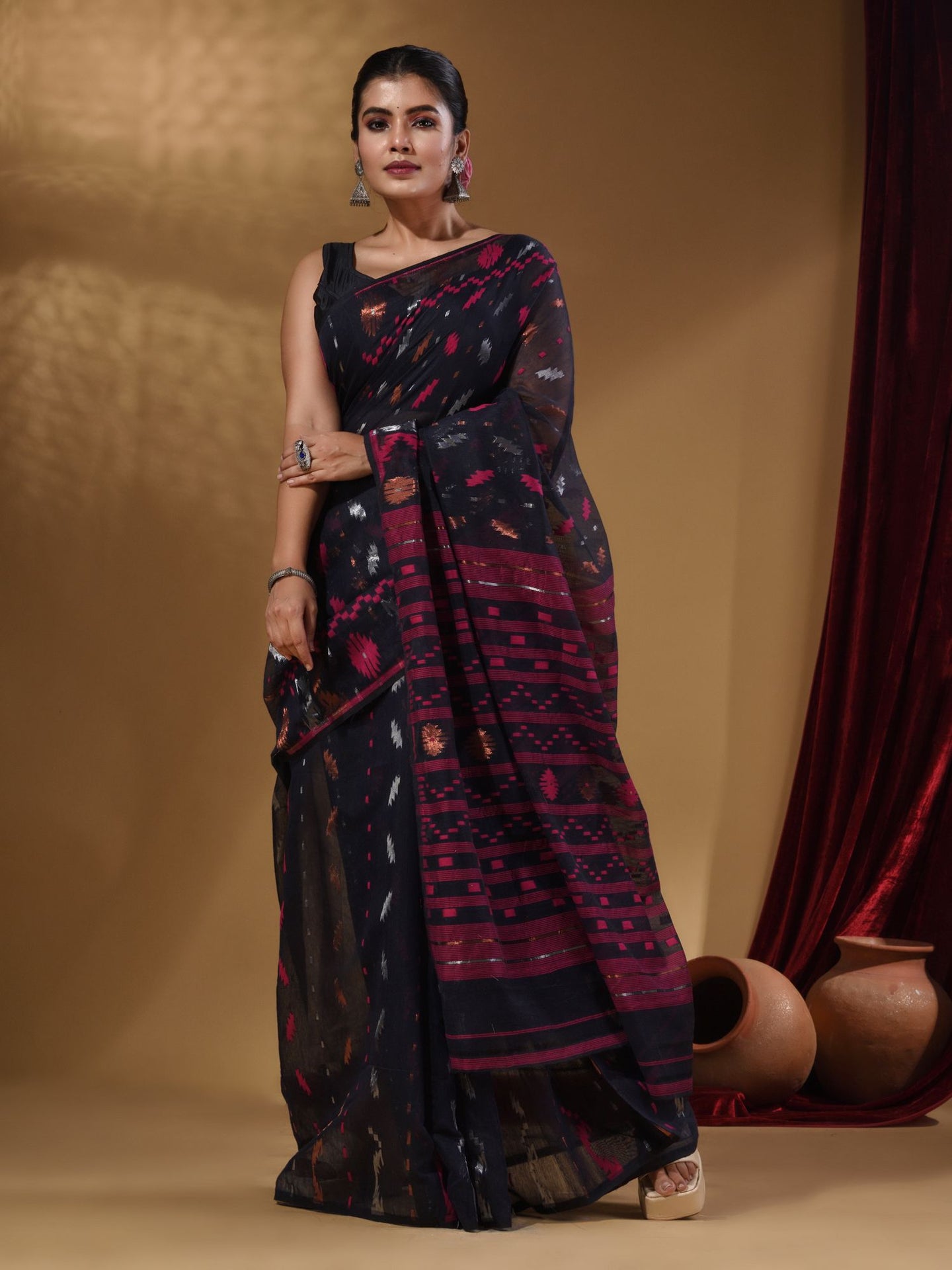Black Cotton Handwoven Jamdani Saree With Multicolor Designs And Motifs