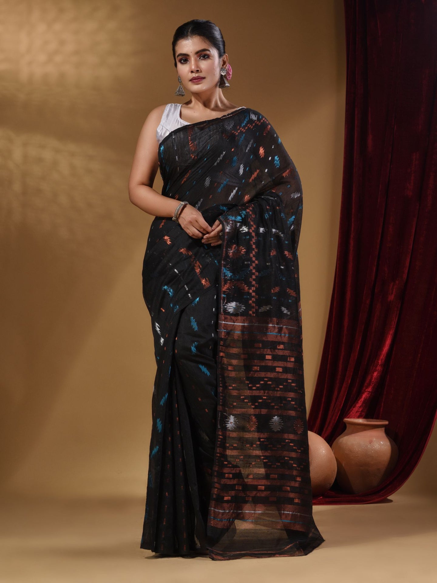 Black Cotton Handwoven Jamdani Saree With Multicolor Designs And Motifs