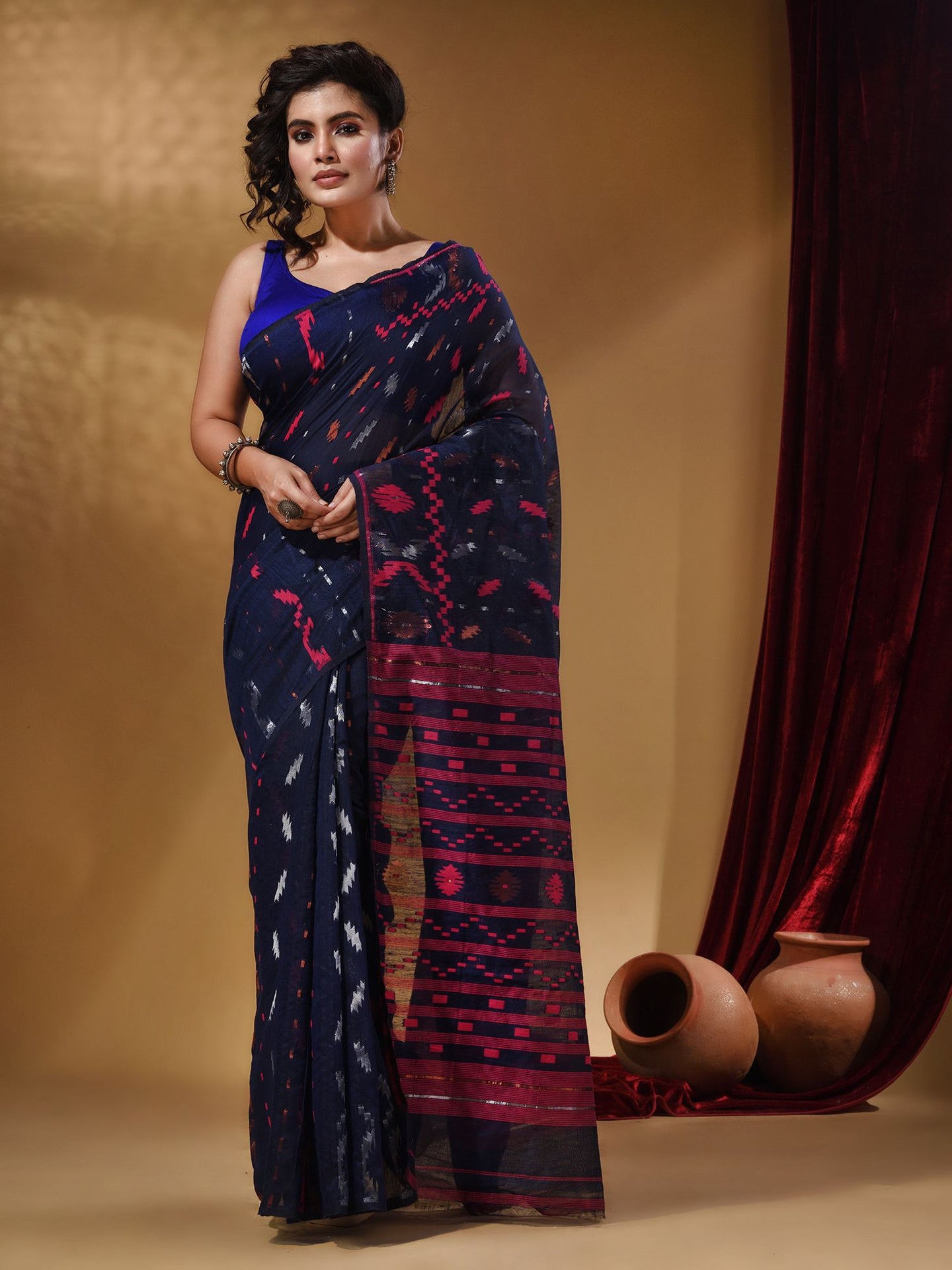 Navy Blue Cotton Handwoven Jamdani Saree With Multicolor Designs And Motifs