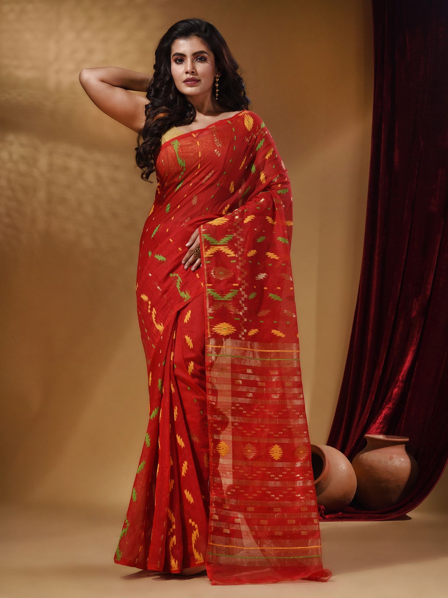 Red Cotton Handwoven Jamdani Saree With Multicolor Designs And Motifs