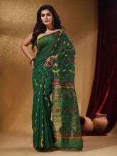 Load image into Gallery viewer, Green Cotton Handwoven Jamdani Saree With Multicolor Designs And Motifs
